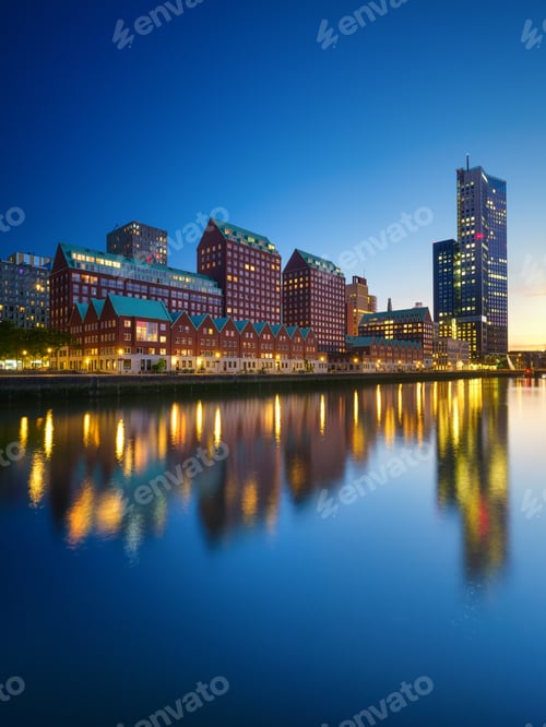 Preview: Rotterdam, Netherlands. View of the city center. Cove and pier for boats and ships.