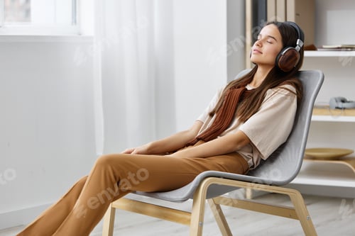Preview: meditation happy teenage smile girl phone lifestyle chair music earphones