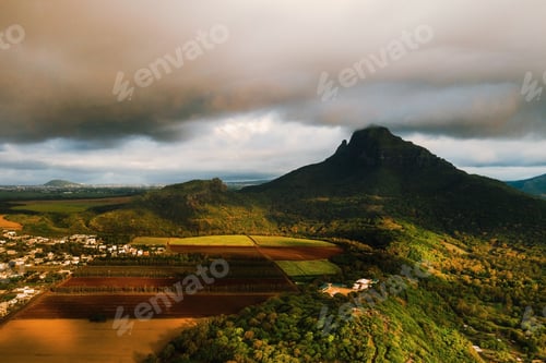 Preview: Bird's eye view of beautiful fields Islands of Mauritius and mountains