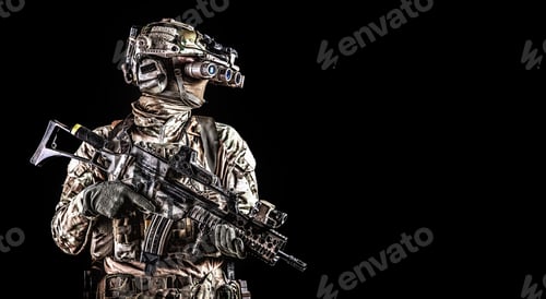 Armed Soldier Holding Rifle in Tactical Camouflage Gear