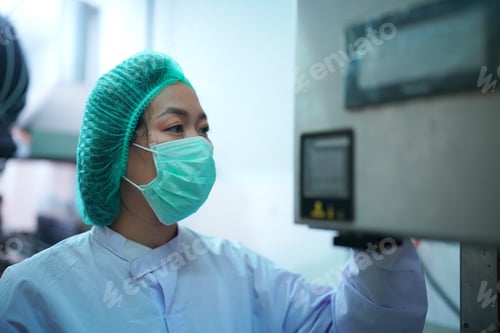 Preview: worker controlling the work of machine in production line at beverage industry.