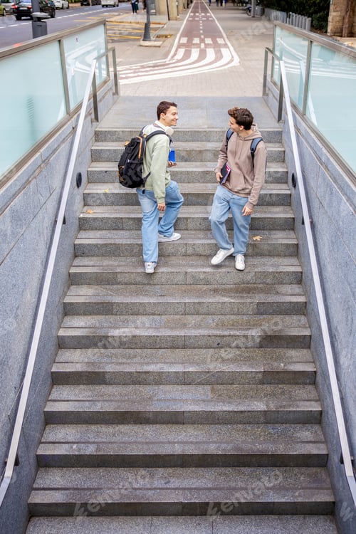Preview: Student friends meeting at metro entrance before class