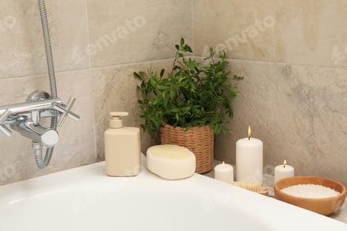 Preview: Bath with personal hygiene accessories in light beige bathroom
