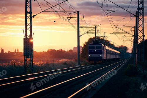 Preview: Passenger train at beautiful sunrise