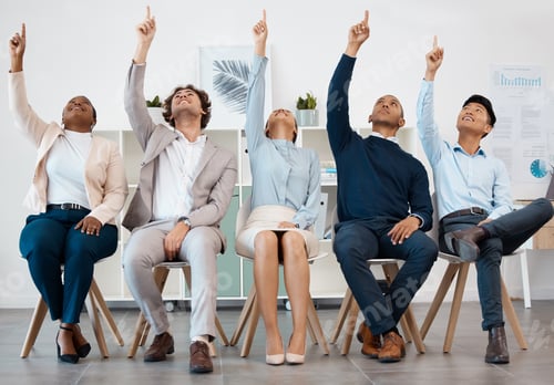 Preview: Business people, team and hands raised for asking question during workshop, training or meeting. Co