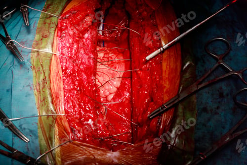 Preview: Closing chest after heart surgery a close shot of a brest augumentation surgery.