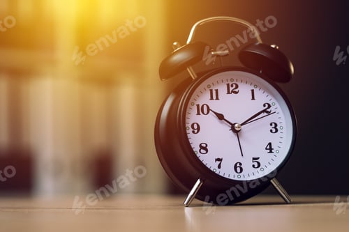 Classic alarm clock showing time during working hours in office