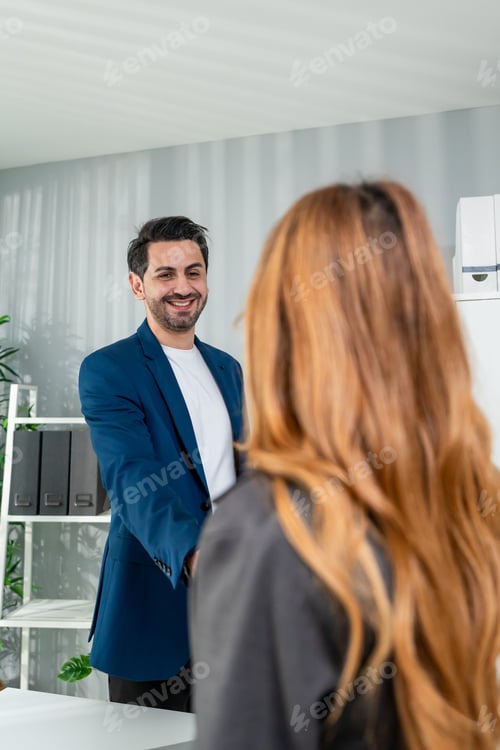 Preview: Caucasian businessman and businesswoman making handshake in office.