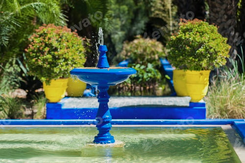 Preview: Blue fountain at Majorelle Garden, aka Garden of Yves Saint-Laurent, Marrakech (Marrakesh), Morocco,