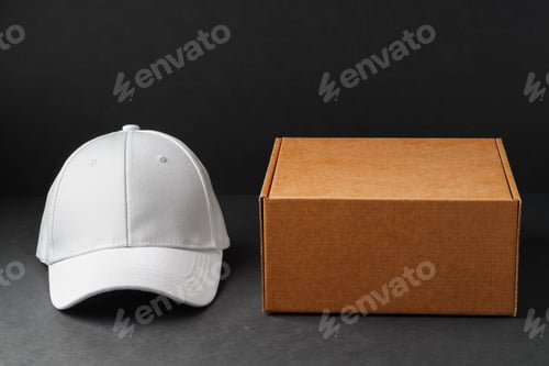 Preview: White Baseball Cap Beside Cardboard Box