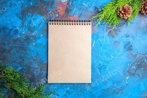 Preview: top view a notebook pine tree branch and cones on blue-red background with free space