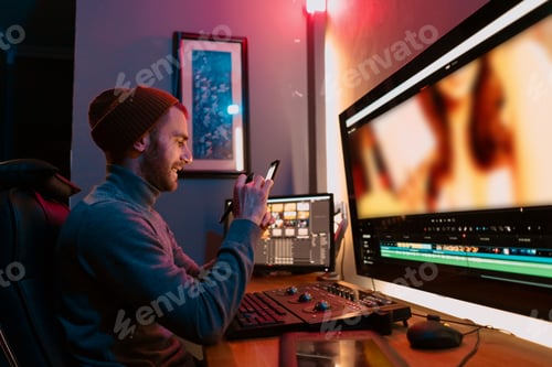 Preview: Male Video Editor sitting at his Computer using phone