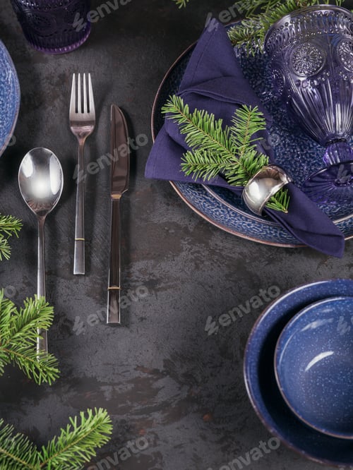 Preview: Dark blue christmas decoration with fir-tree branch.