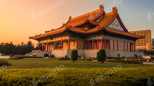 Preview: Sunset in beautiful monument of National Theater on sunny day in Taipei city.