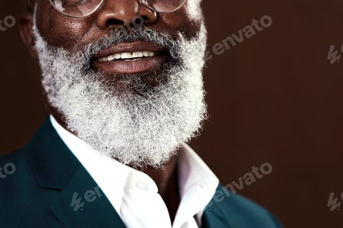 Preview: Cropped shot of a man with grey beard posing against a brown background