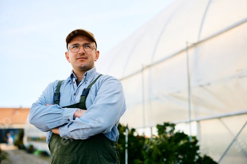 Preview: Greenhouse owner with arms crossed looking away.