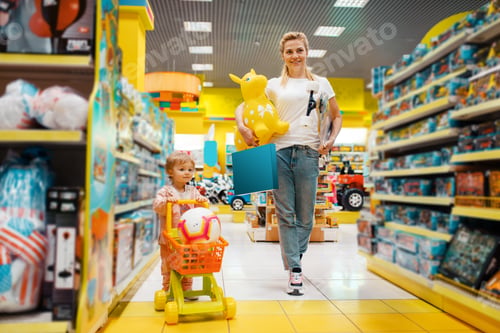 Preview: Mother with girl buying a lot of toys in store