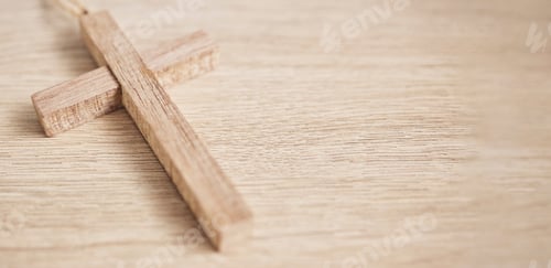 Preview: Background, religion and space of wood cross on table for worship to God, prayer and resurrection o