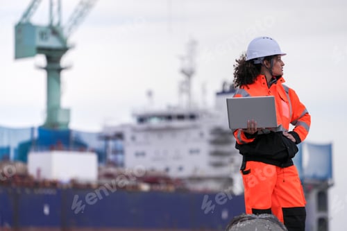 Preview: Two engineers wearing gear review plans on a laptop at a shipyard,