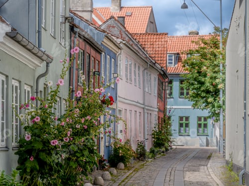 Preview: Tiled street with colorful buildings in Helsingor, Denmark
