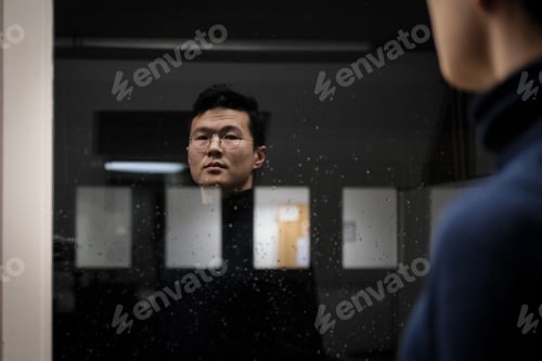 Preview: Man with Glasses Reflected in Wet Window