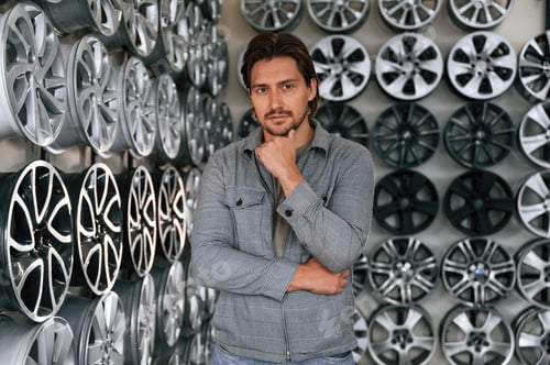 Preview: Many of the disks on walls. Man is in the tire fitting car service