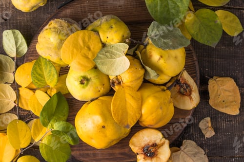 Preview: Quince fruits on a wooden background. Harvest of autumn fruits.