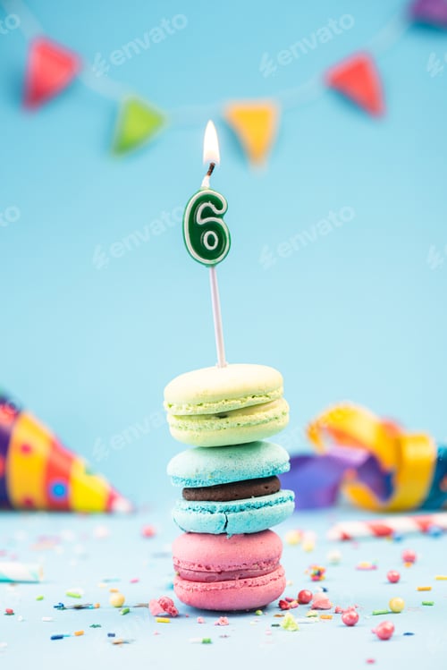 Preview: Sixth 6th Birthday Card with Candle in Colorful Macaroons and Sp