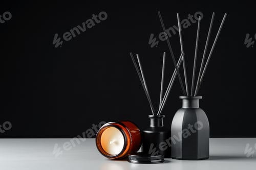 Preview: Black Reed Diffuser and Candle on Grey Surface Against Black Background