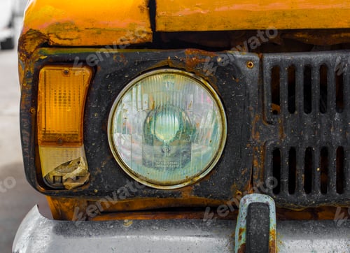 Preview: Vintage car yellow. Closeup. Broken.