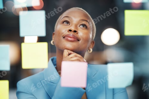 Preview: Vision, thinking and black woman with schedule, planning and agenda, sticky notes and bokeh backgro