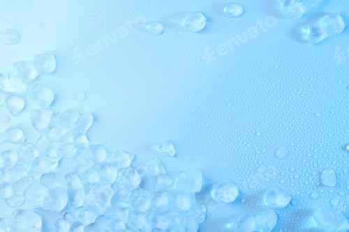 Preview: Cubes of clear ice on light blue background, flat lay. Space for text