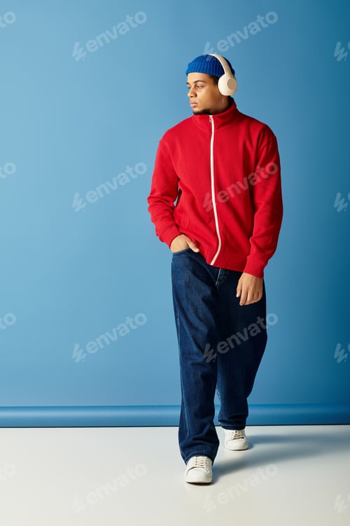 Preview: A stylish young man in a beanie and red jacket evokes a sense of fashion and confidence
