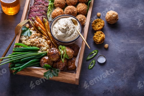 Preview: Close view of assorted meze appetizers beef, falafel, babaghanoush, potatoes in a box, copyspace.