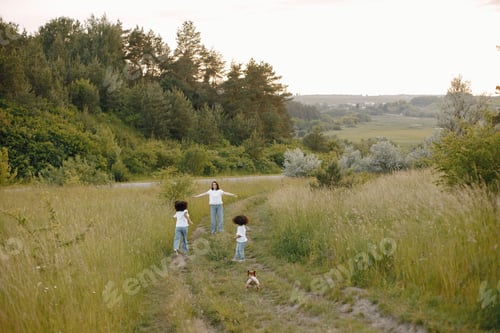 Preview: Caucasian mother and two her mixed race daughters running on a field