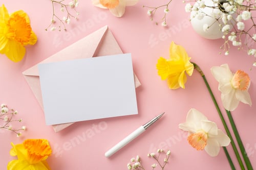 Visualização: Escreva uma carinhosa carta de primavera cheia de amor. A visão de alto ângulo apresenta um narciso sensível