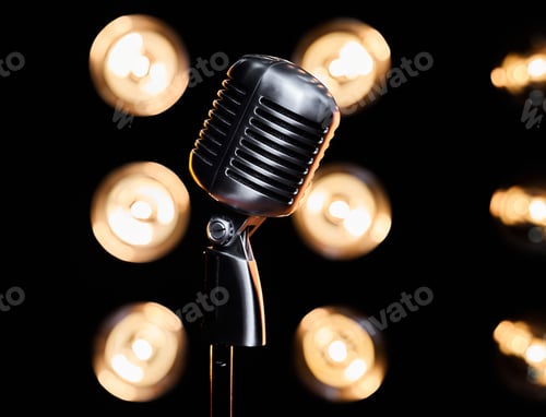 Preview: Retro microphone, placed on dark sparkling stage indoors.