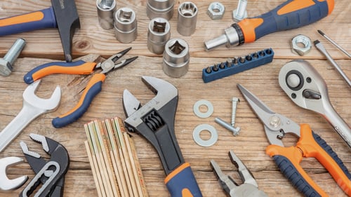Preview: Work tool on wooden background. Hand tool new set for repair and construction