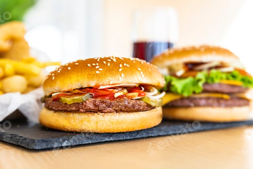 Preview: Assorted of classic american burger on black stone board and cola in the interior of the cafe.