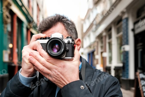 Preview: Street photographer holding vintage film camera taking pictures