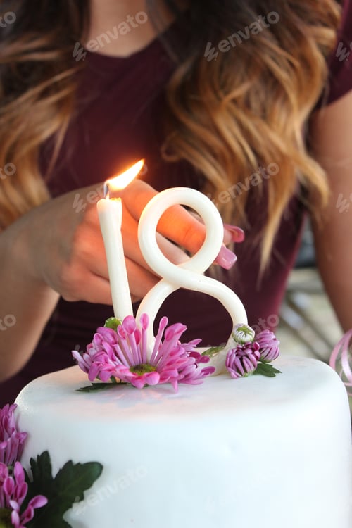Preview: Eighteenth birthday. Eighteen candles. Birthday wishes. Blowing candles. Flowers and cake