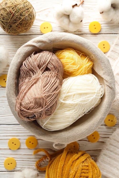 Preview: Concept of cozy and relax hobby, knitting, top view