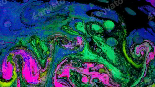 Preview: Bright fluid art with acidic colors and bubbles. Stock footage. Liquid mixing patterns of bright