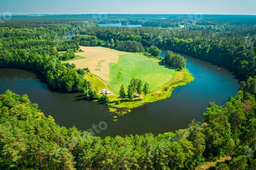 Preview: Curvy river and forests. Aerial view of wildlife in Poland