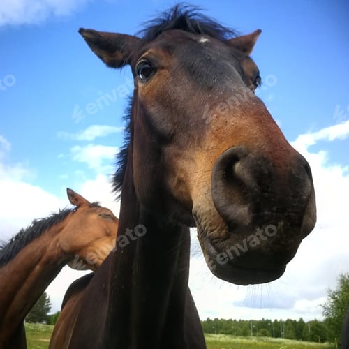 Preview: two horses on blue sky background on a Western farm