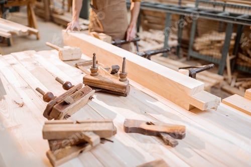 Preview: Workbench with vintage carpentry tools