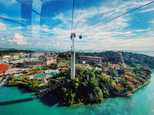 Preview: Wide angle View from cable car connecting Singapore mainland to Sentosa Island