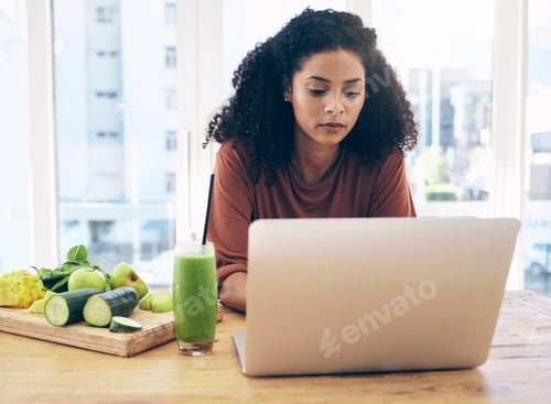 Preview: Relax, smoothie and health with black woman and laptop for blog research, salad and vegetables. Nut