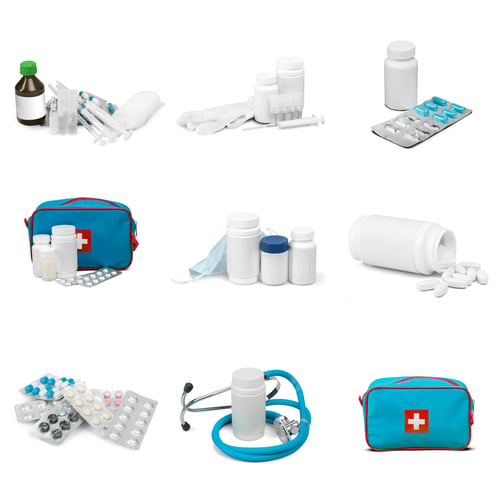 Preview: First aid kit with various medical supplies and medications on clean surface in daylight