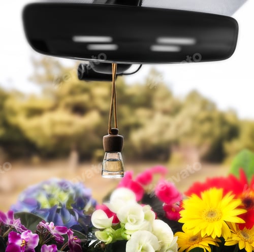 Preview: Beautiful flowers and air freshener hanging on rear view mirror in car